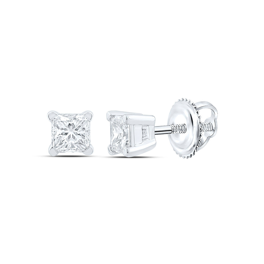 14K White Gold Unisex Princess Diamond Solitaire Stud Earrings 1/4 CTW 0.39 Gram