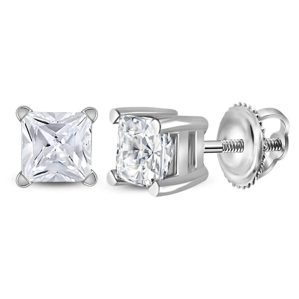 14K White Gold Unisex Princess Diamond Solitaire Stud Earrings 3/4 CTW 0.58 Gram