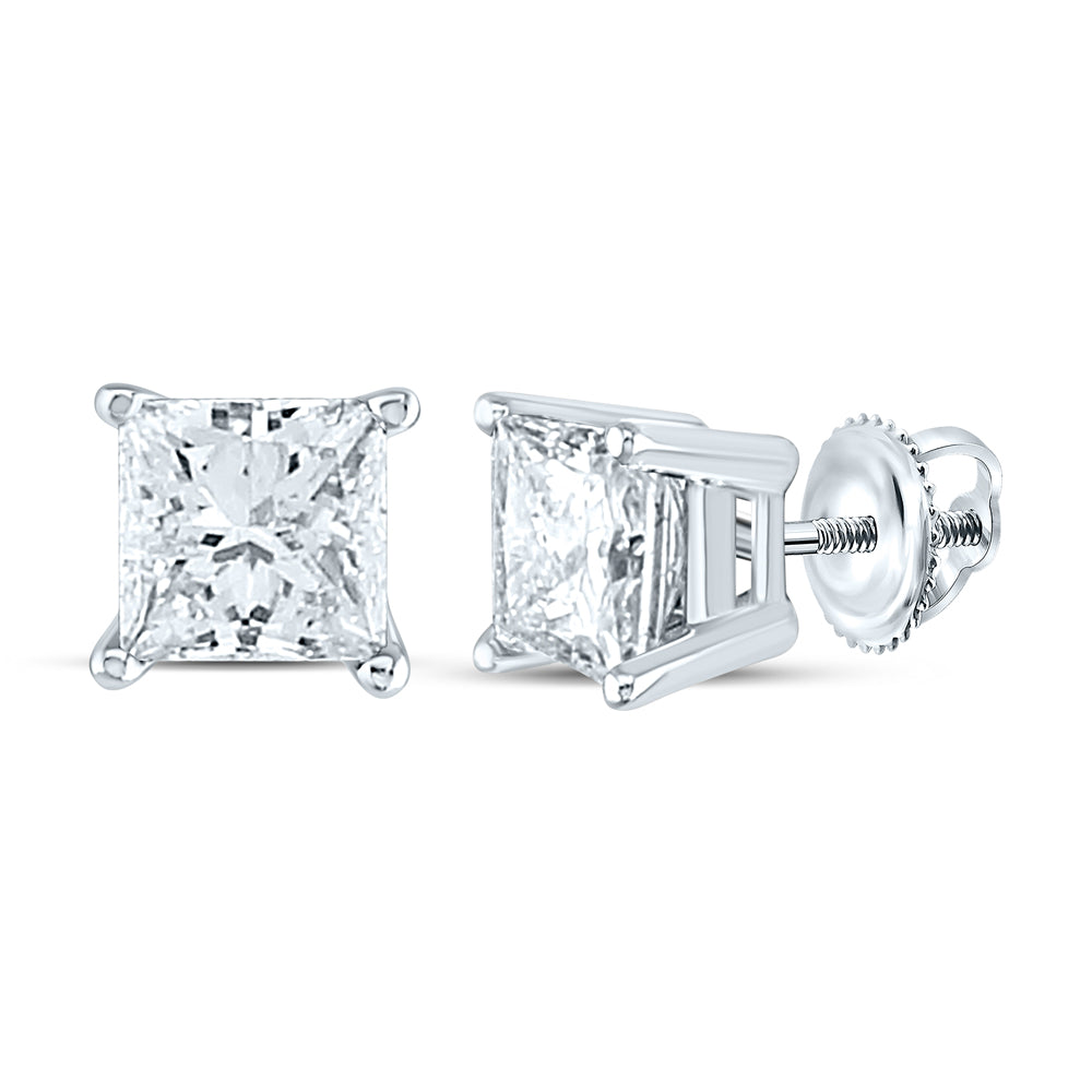14K White Gold Unisex Princess Diamond Solitaire Stud Earrings 1-3/8 CTW 0.75 Gram