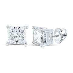 14K White Gold Unisex Princess Diamond Solitaire Stud Earrings 1-3/8 CTW 0.75 Gram