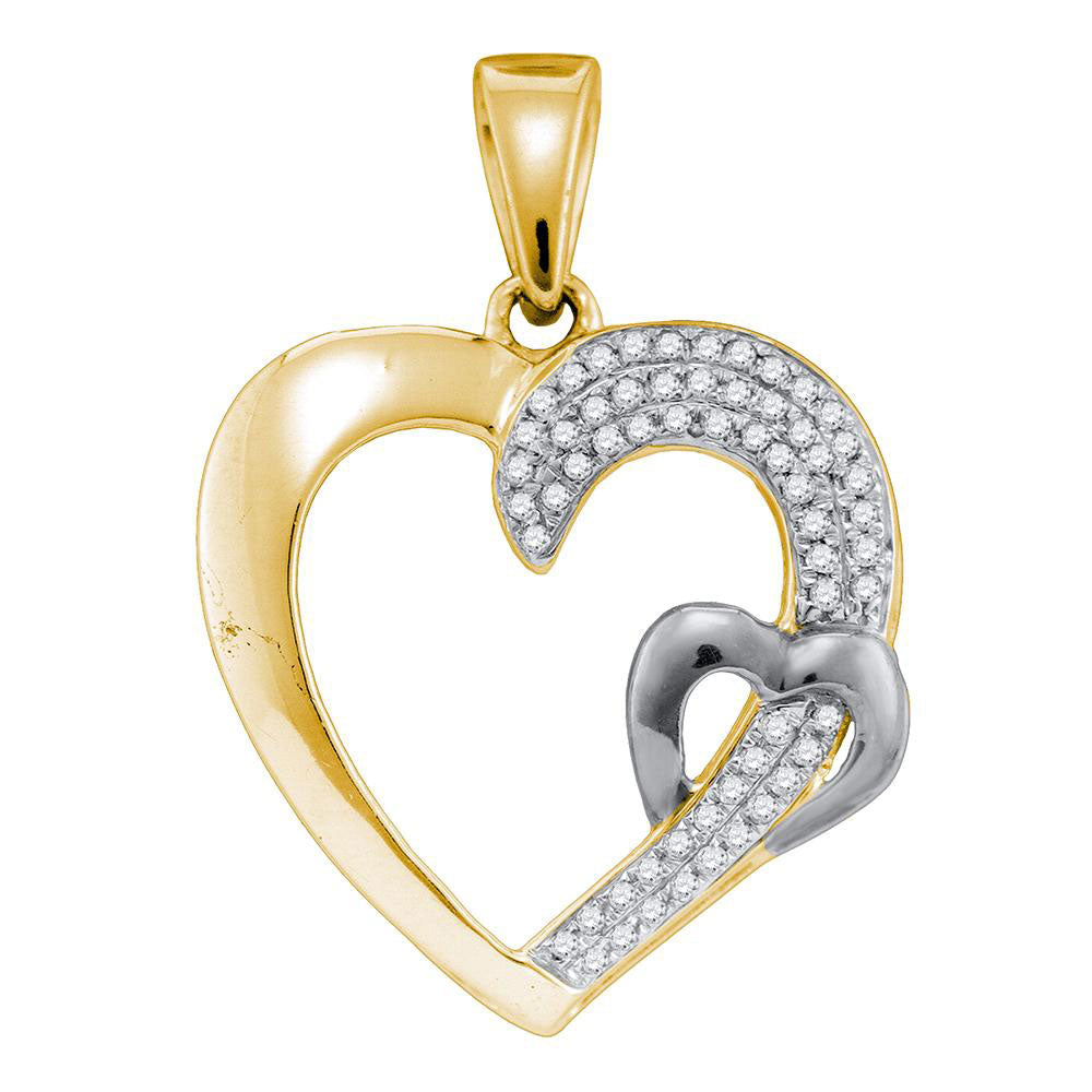 Sterling Silver Womens Round Diamond 2-tone Heart Pendant 1/6 Cttw