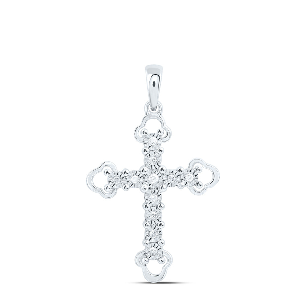 Sterling Silver Womens Round Diamond Trefoil Tips Cross Pendant 1/8 Cttw