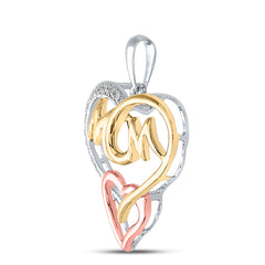 Sterling Silver Womens Round Diamond Tri-tone Mom Mother Heart Pendant 1/12 Cttw