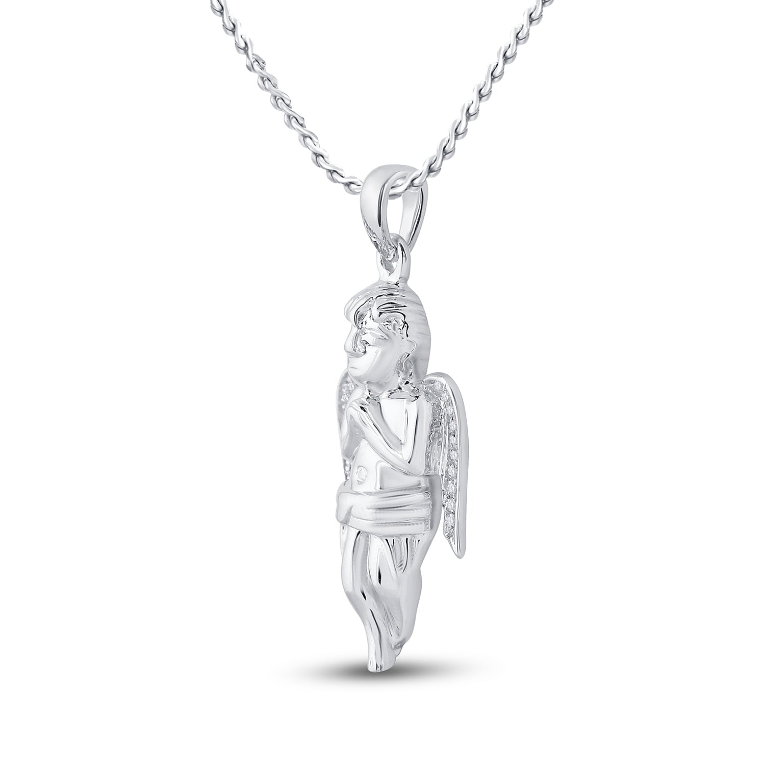 Sterling Silver Diamond Mens Womens Small Praying Guardian Angel Cherub Charm Polished Pendant 1/20 Cttw