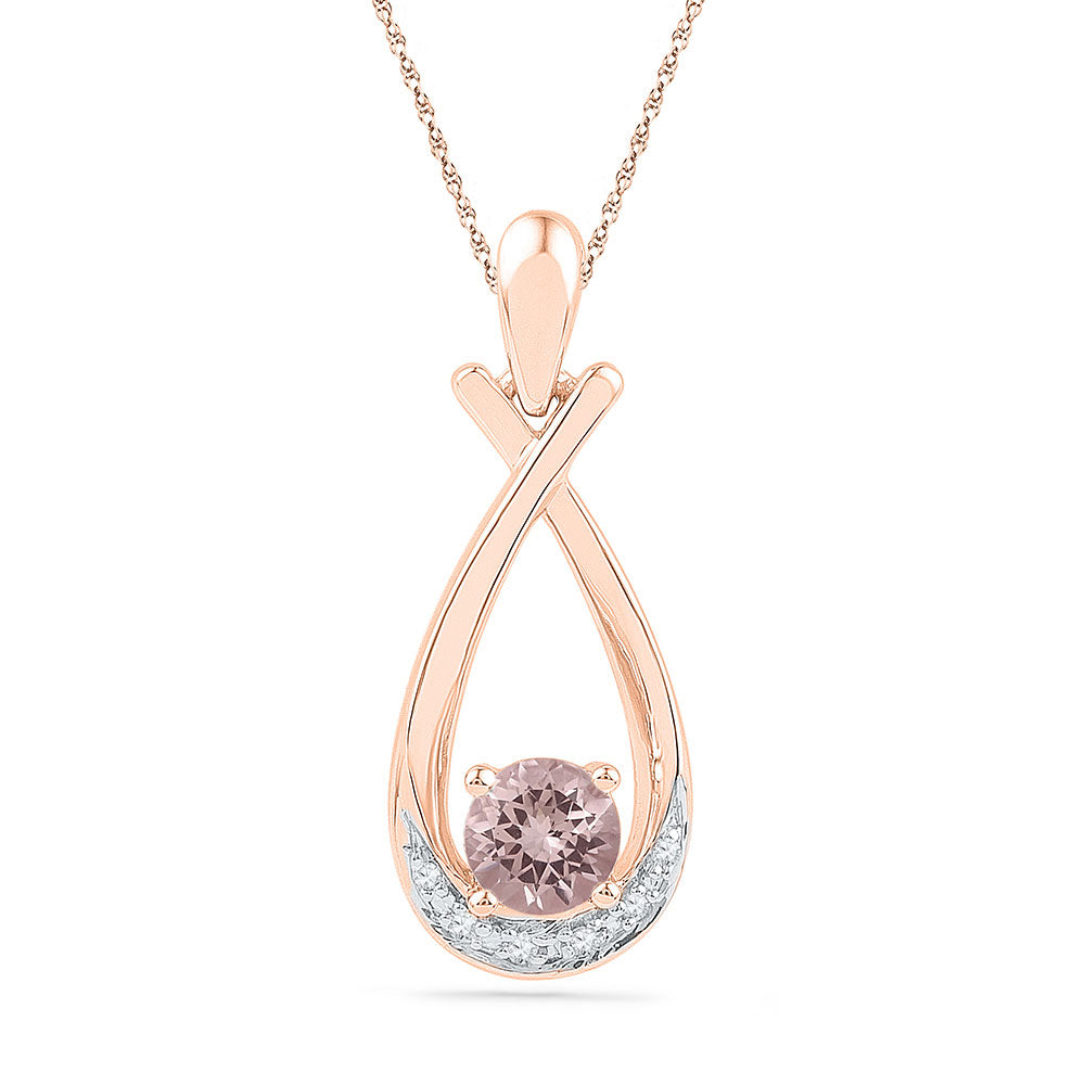 10kt Rose Gold Womens Round Lab-Created Morganite Solitaire Diamond Teardrop Pendant 3/8 Cttw