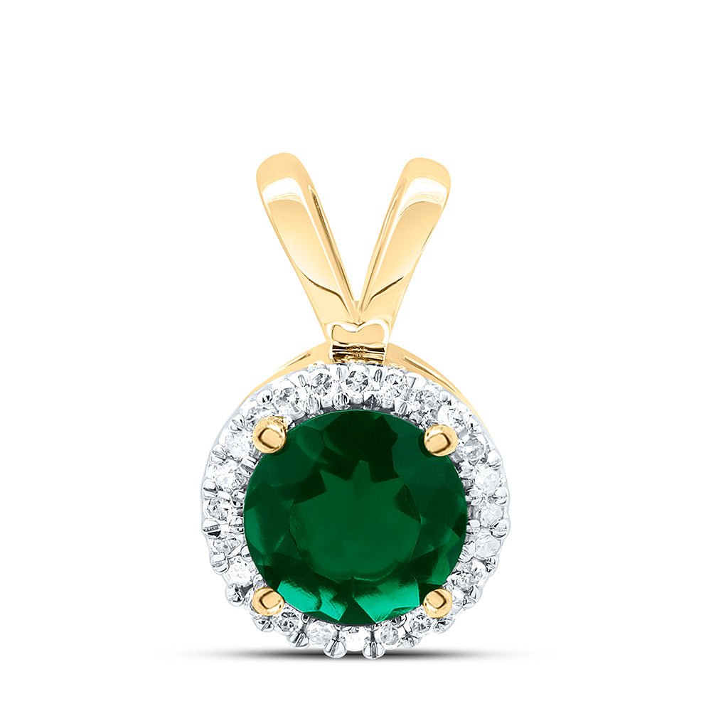 10K Yellow Gold Womens Lab-Created Emerald Solitaire & Diamond Halo Pendant 7/8 CTW 1.05 Gram