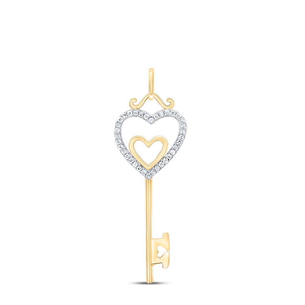 10kt Yellow Gold Womens Round Diamond Key Double Heart Pendant 1/10 Cttw