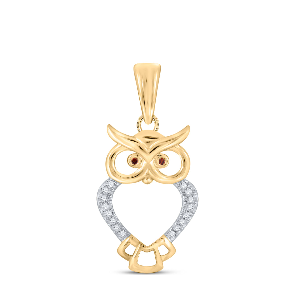 10kt Yellow Gold Womens Round Red Color Enhanced Diamond Owl Bird Animal Pendant 1/20 Cttw