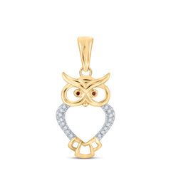 10kt Yellow Gold Womens Round Red Color Enhanced Diamond Owl Bird Animal Pendant 1/20 Cttw