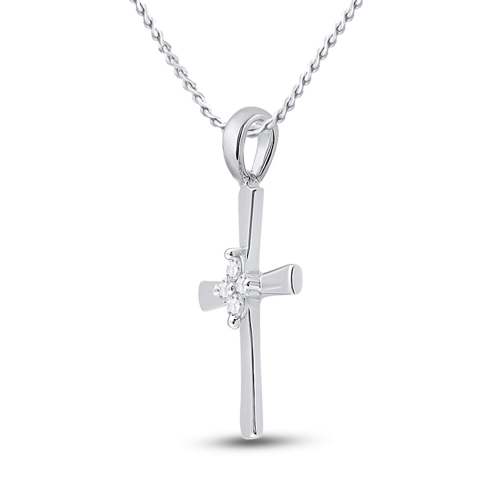 10kt White Gold Womens Round Diamond Simple Cross Religious Pendant 1/20 Cttw