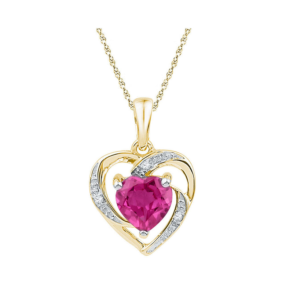 10kt Yellow Gold Womens Round Lab-Created Pink Sapphire Heart Pendant 1.00 Cttw