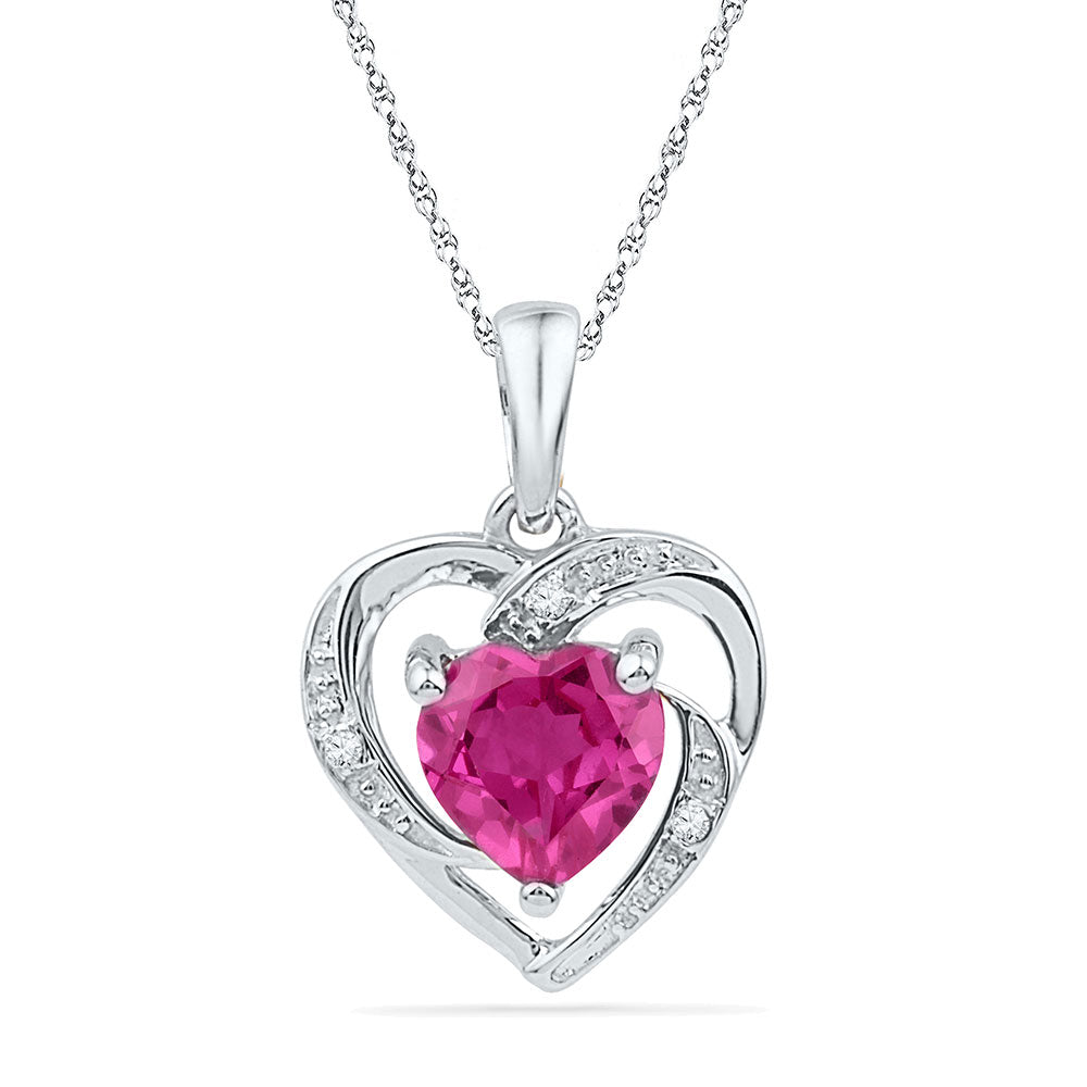 10kt White Gold Womens Round Lab-Created Pink Sapphire Heart Pendant 1.00 Cttw