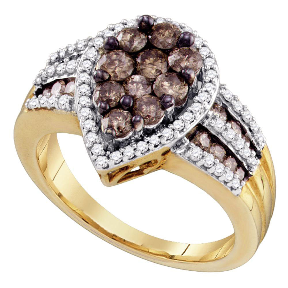 10kt Yellow Gold Womens Round Brown Diamond Teardrop Cluster Ring 1-1/2 Cttw