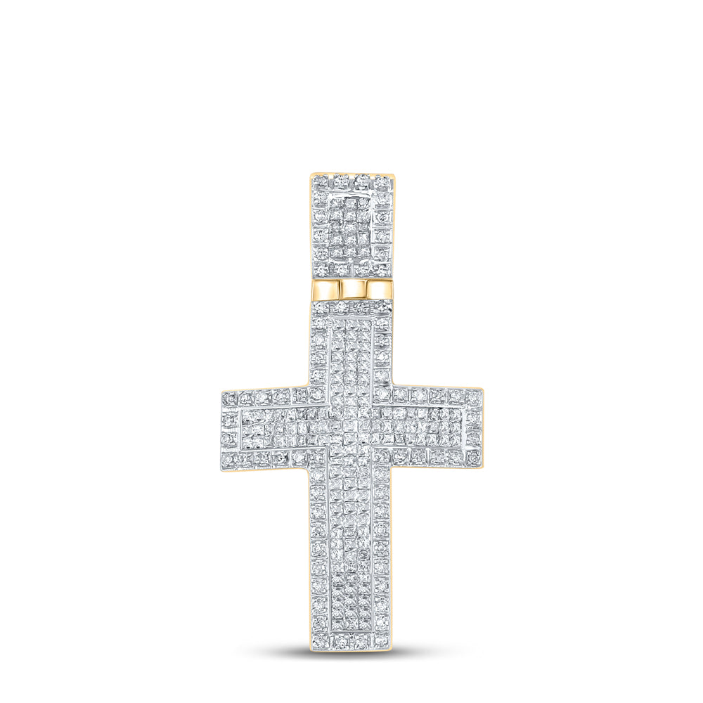 10kt Yellow Gold Mens Round Diamond Cross Charm Pendant 1.00 Cttw