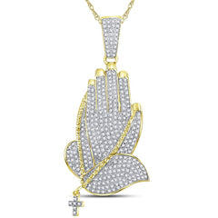 10K Yellow Gold Mens Round Natural Diamond Praying Hands Rosary Charm Pendant 7/8 CTW 6.43 Gram