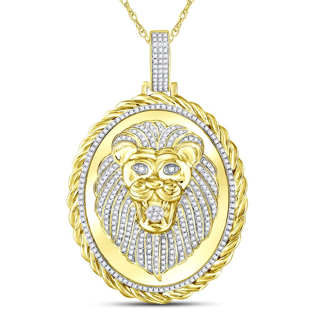 10K Yellow Gold Mens Round Natural Diamond Oval Lion Face Rope Charm Pendant 1.00 CTW 14.43 Gram