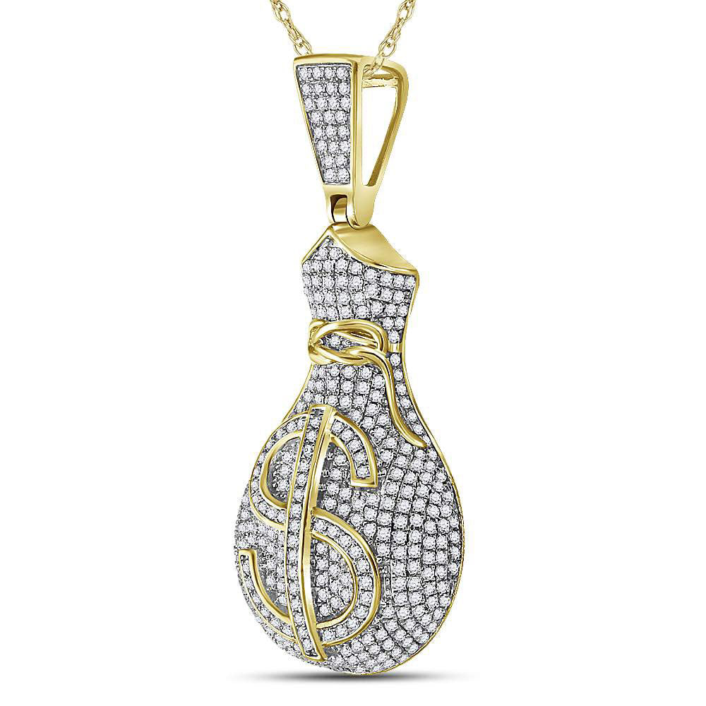 10K Yellow Gold Mens Round Natural Diamond Money Bag Dollar Sign Charm Pendant 1.00 CTW 6.4 Gram