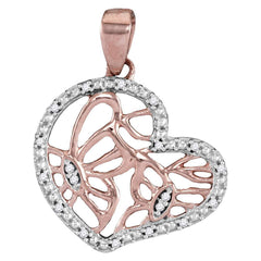 14K Rose Gold Womens Round Natural Diamond Heart Butterfly Pendant 1/20 CTW 1.89 Gram