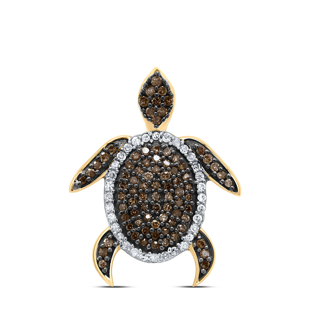 10kt Yellow Gold Womens Round Brown Diamond Sea Turtle Tortoise Pendant 1/3 Cttw
