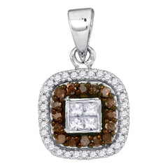 10kt White Gold Womens Round Brown Diamond Square Frame Pendant 1/3 Cttw