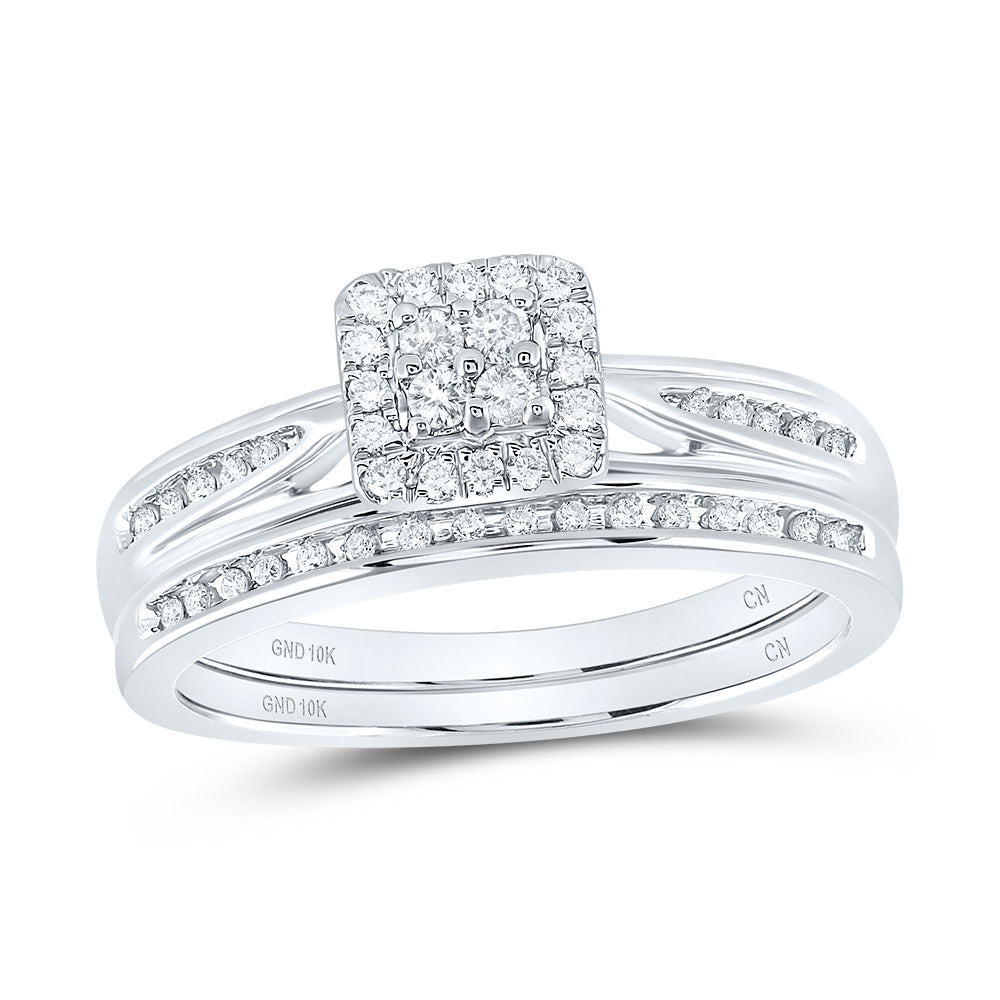 10kt White Gold Womens Diamond Square Cluster Bridal Wedding Engagement Ring Band Set 1/4 Cttw