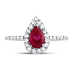 10K White Gold Womens Pear Lab-Created Ruby Solitaire Diamond Frame Ring 1-1/5 CTW 2.11 Gram