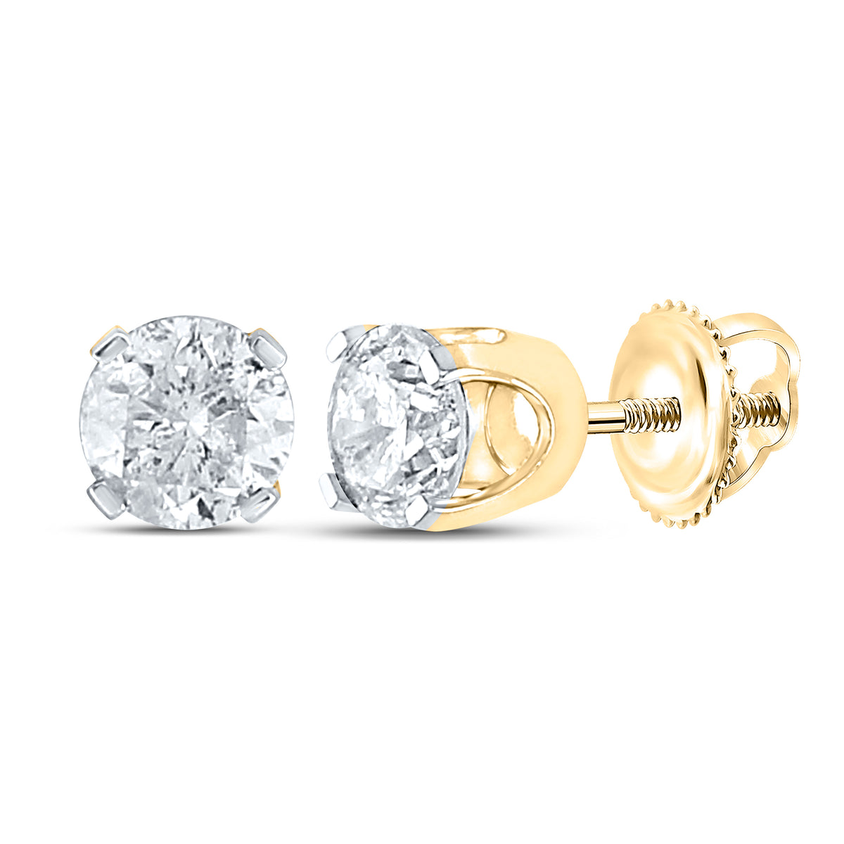 14K Yellow Gold Unisex Round Natural Diamond Solitaire Stud Earrings 1-1/2 CTW 0.82 Gram