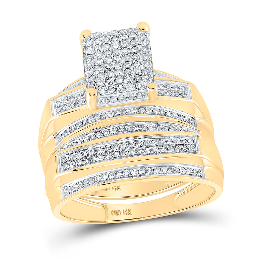 10kt Yellow Gold His & Hers Round Diamond Rectangle Cluster Matching Bridal Wedding Ring Band Set 3/4 Cttw