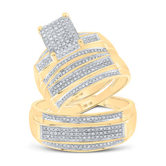 10kt Yellow Gold His & Hers Round Diamond Rectangle Cluster Matching Bridal Wedding Ring Band Set 3/4 Cttw