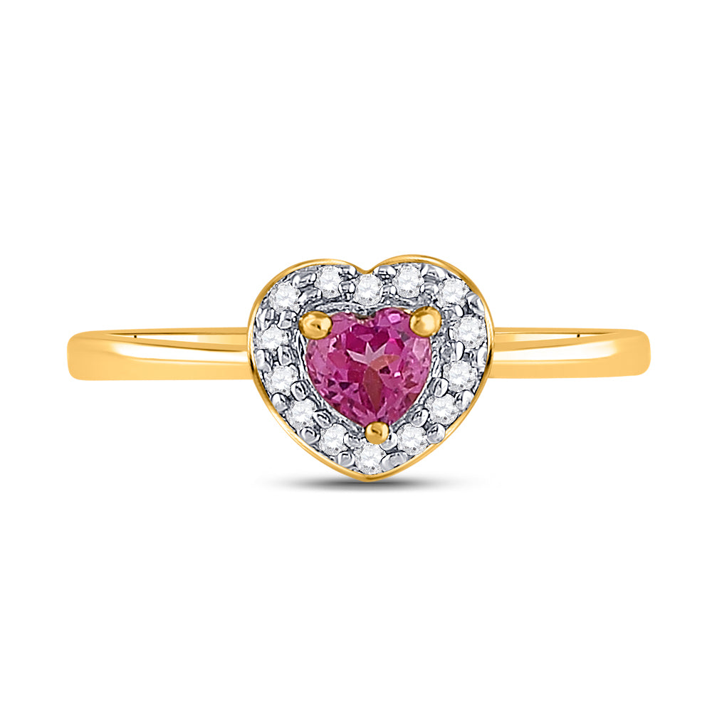 10kt Yellow Gold Womens Round Lab-Created Pink Sapphire Heart Ring 1/10 Cttw