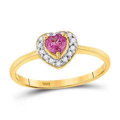 10kt Yellow Gold Womens Round Lab-Created Pink Sapphire Heart Ring 1/10 Cttw