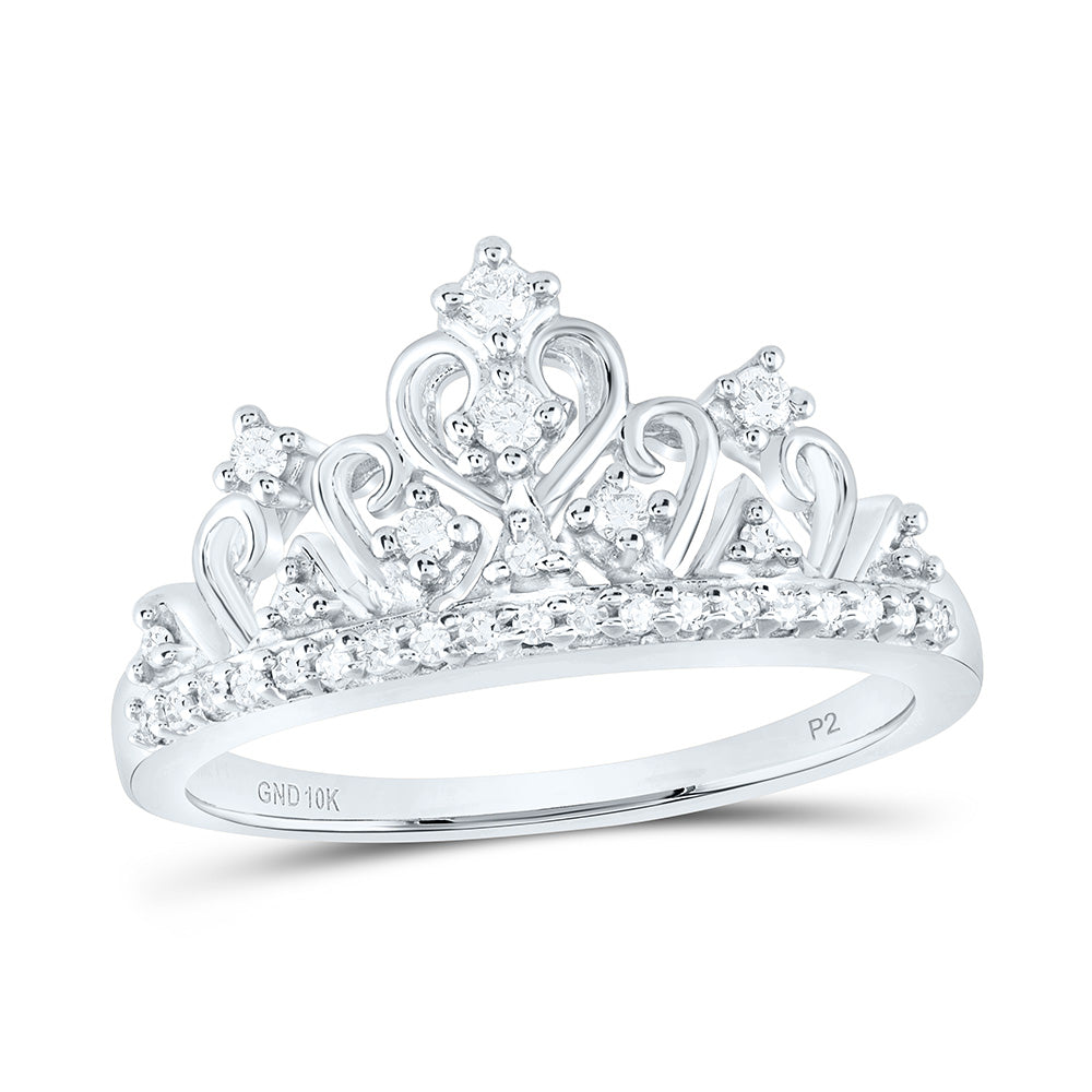 10k White Gold Round Diamond Womens Womens Crown Tiara Cocktail Band 1/5 Cttw