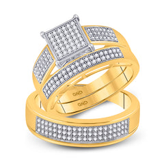 10kt Yellow Gold His & Hers Round Diamond Square Cluster Matching Bridal Wedding Ring Band Set 5/8 Cttw