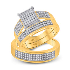 10kt Yellow Gold His & Hers Round Diamond Square Cluster Matching Bridal Wedding Ring Band Set 5/8 Cttw