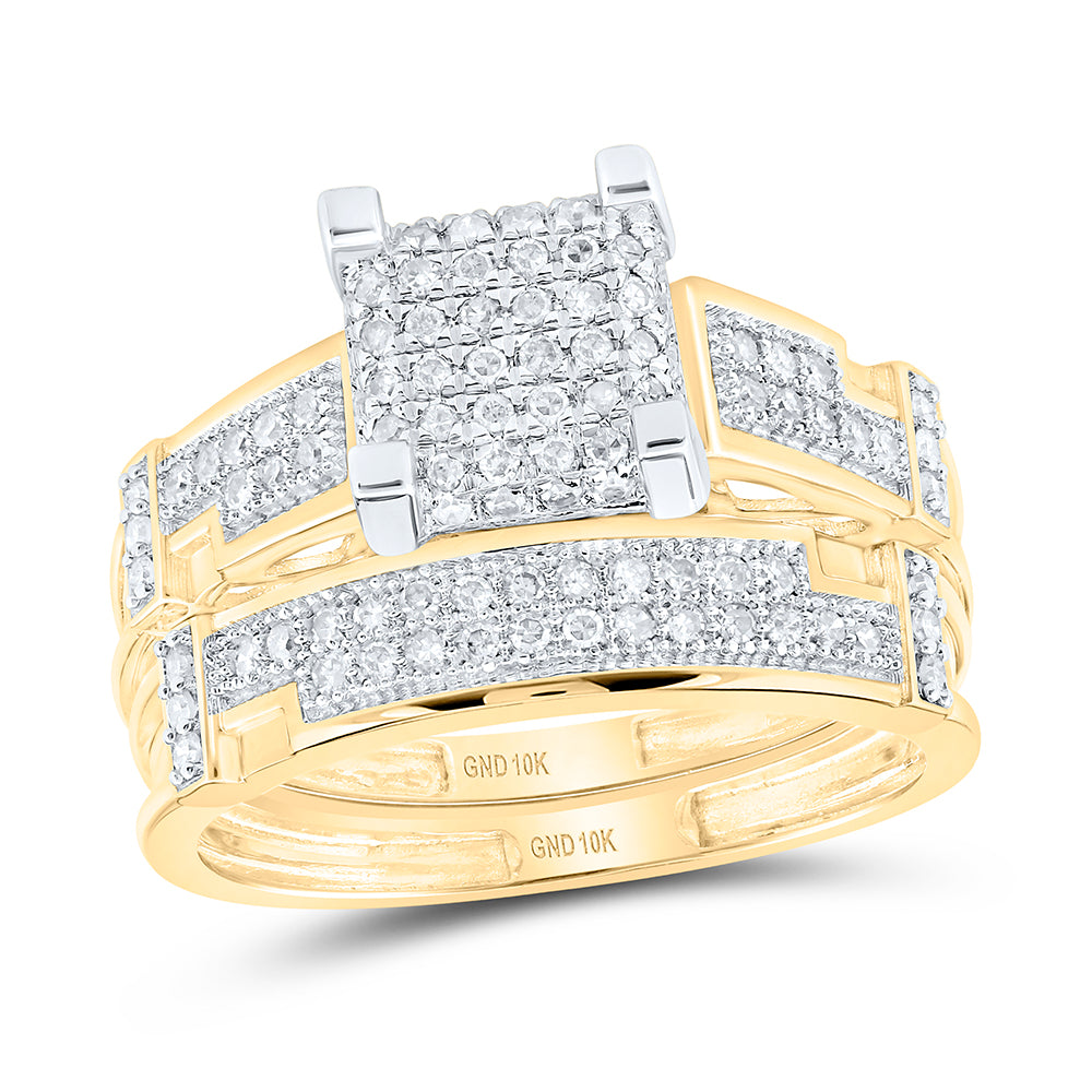 10kt Yellow Gold His & Hers Round Diamond Square Cluster Matching Bridal Wedding Ring Band Set 1/2 Cttw
