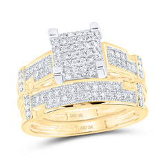 10kt Yellow Gold His & Hers Round Diamond Square Cluster Matching Bridal Wedding Ring Band Set 1/2 Cttw