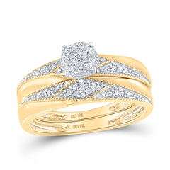 10kt Yellow Gold His Hers Round Diamond Cluster Matching Bridal Wedding Ring Band Set 1/4 Cttw
