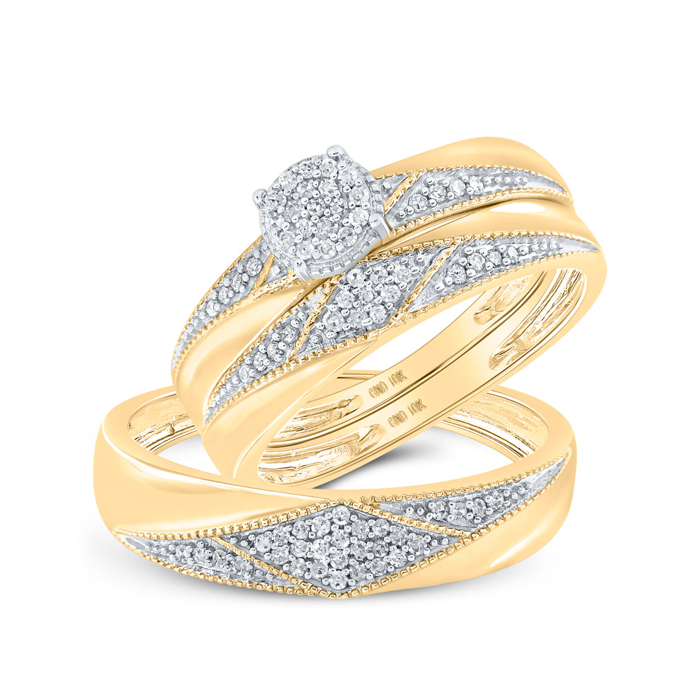 10kt Yellow Gold His Hers Round Diamond Cluster Matching Bridal Wedding Ring Band Set 1/4 Cttw