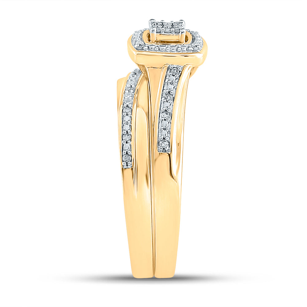 10kt Yellow Gold His & Hers Round Diamond Square Cluster Matching Bridal Wedding Ring Band Set 1/12 Cttw
