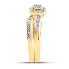 10kt Yellow Gold His & Hers Round Diamond Square Cluster Matching Bridal Wedding Ring Band Set 1/12 Cttw