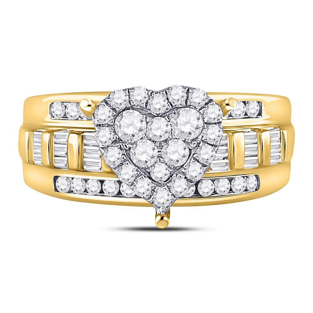 10K Yellow Gold Womens Round Natural Diamond Heart Cluster Bridal Wedding Engagement Ring 1.00 CTW 5.03 Gram