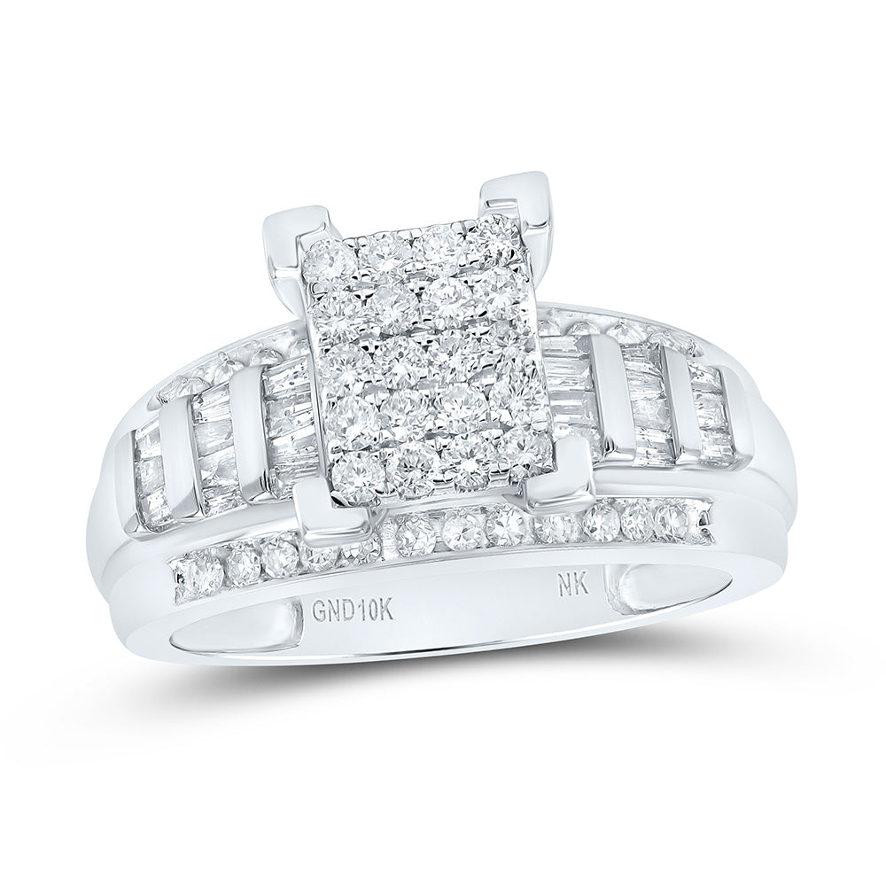 10kt White Gold Womens Round Diamond Rectangle Cluster Bridal Wedding Engagement Ring 7/8 Cttw - Size 7.5