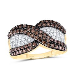 10K Yellow Gold Womens Round Brown Diamond Crossover Stripe Band Ring 1.00 CTW 3.23 Gram