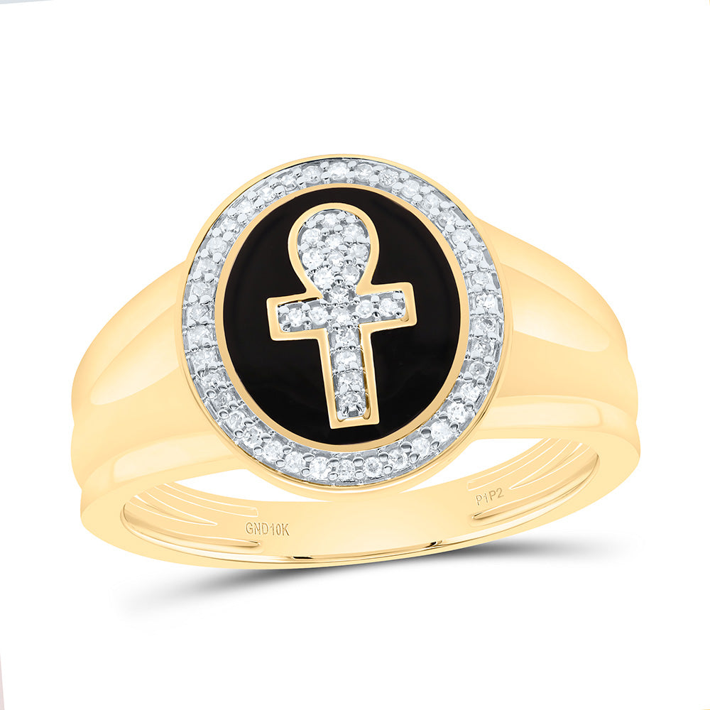 10K Yellow Gold Mens Round Natural Diamond Ah Cross Fashion Ring 1/6 CTW 5.16 Gram