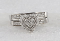 Sterling Silver Womens Round Diamond Heart Bridal Wedding Engagement Ring Band Set 3/8 Cttw