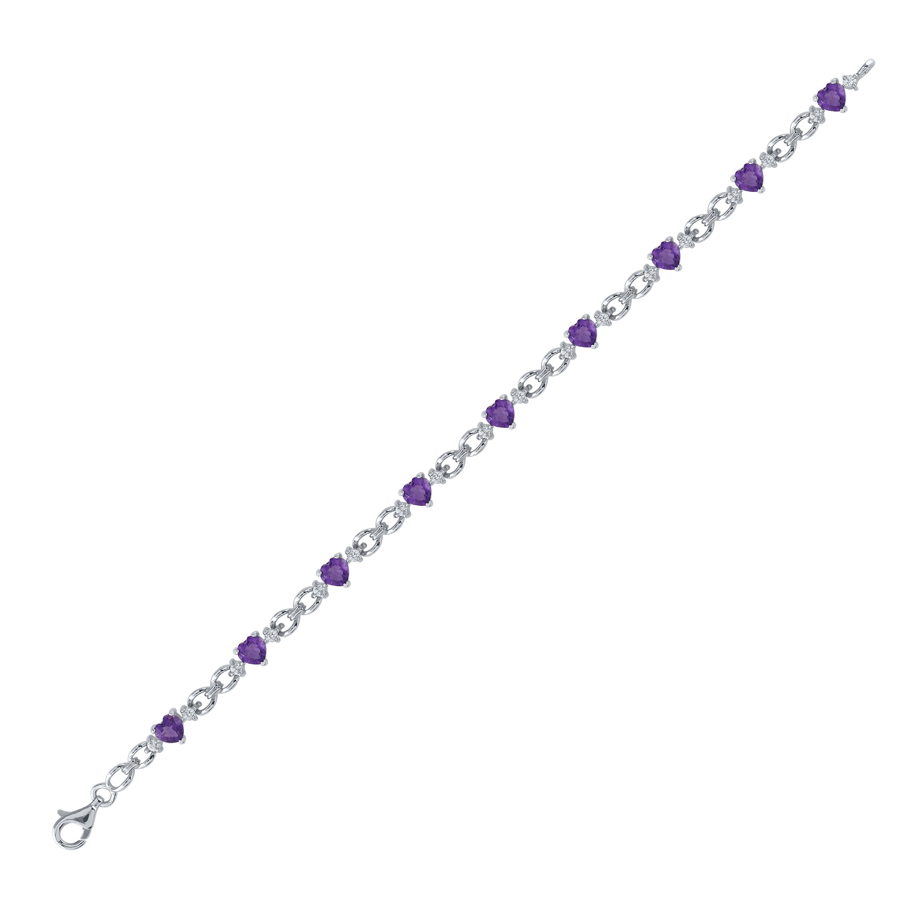 Sterling Silver Womens Heart Lab-Created Amethyst Heart Bracelet 5-1/2 Cttw