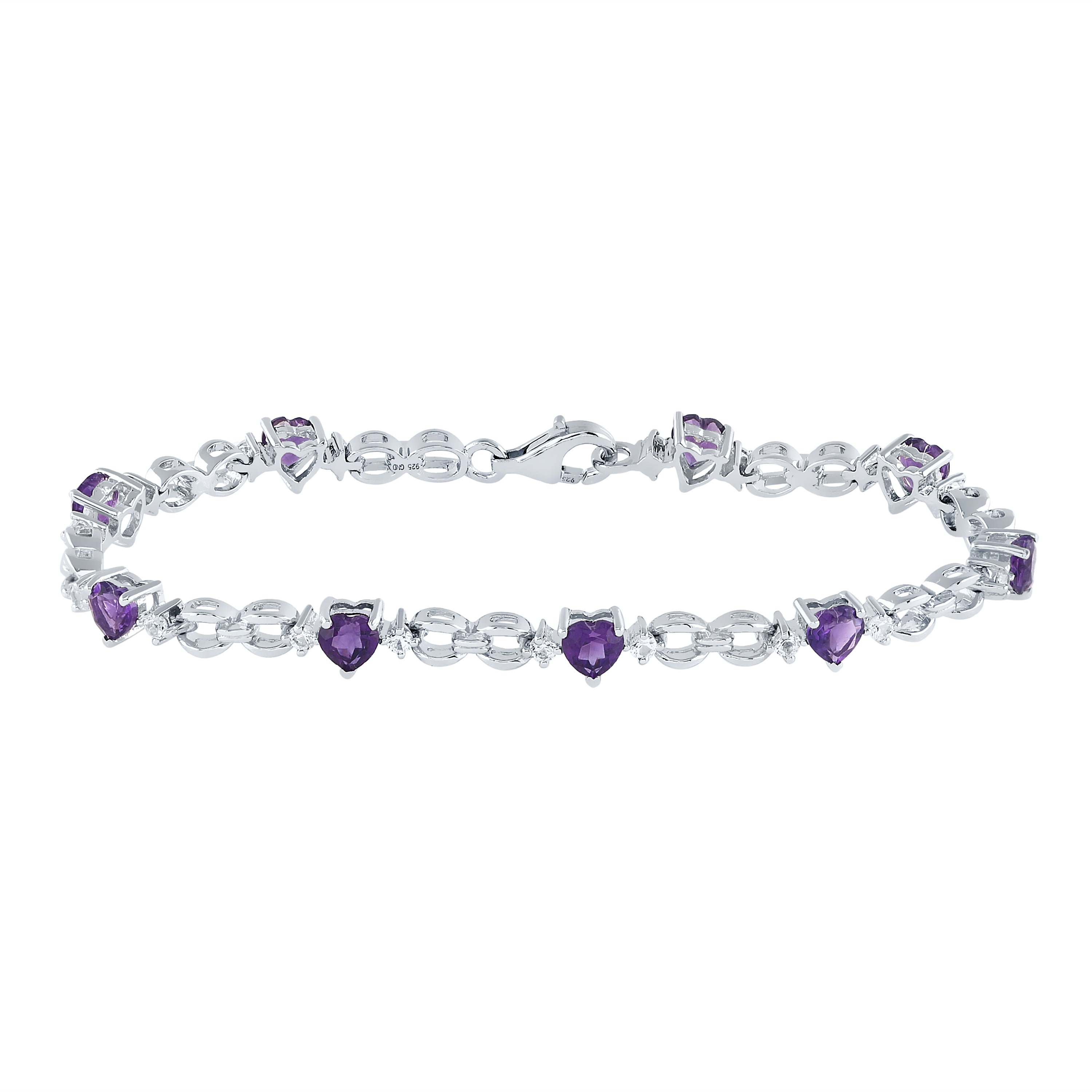 Sterling Silver Womens Heart Lab-Created Amethyst Heart Bracelet 5-1/2 Cttw