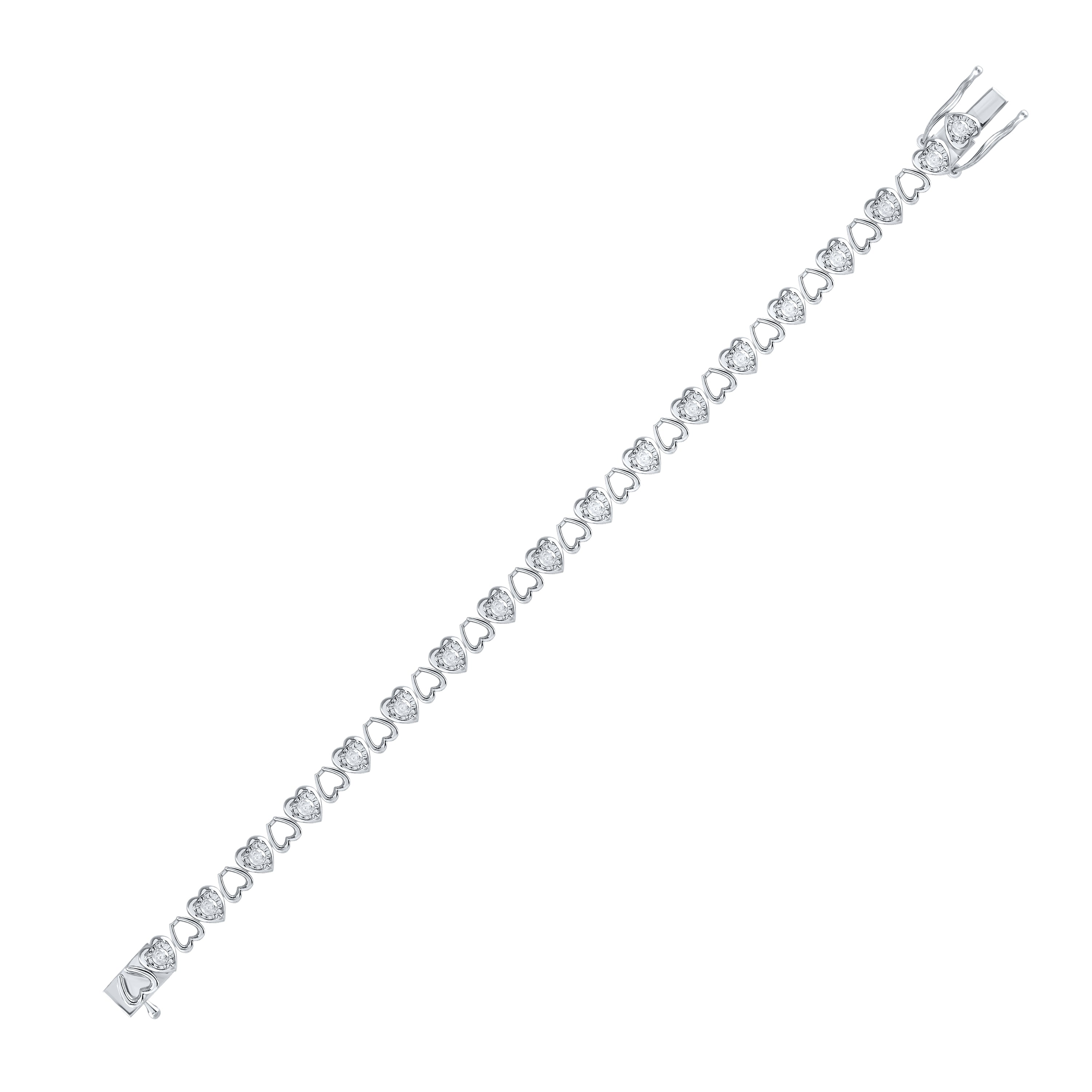 Sterling Silver Womens Round Diamond Heart Bracelet 1.00 Cttw