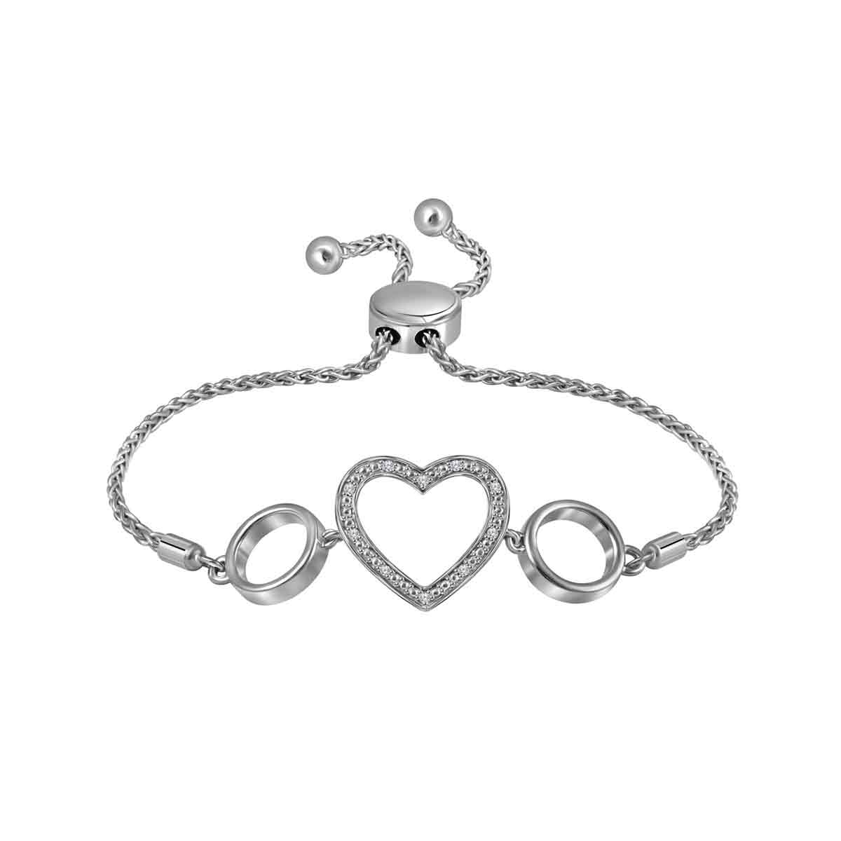 Sterling Silver Womens Round Natural Diamond Heart Bolo Bracelet 1/20 CTW 4.21 Gram
