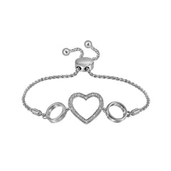 Sterling Silver Womens Round Natural Diamond Heart Bolo Bracelet 1/20 CTW 4.21 Gram